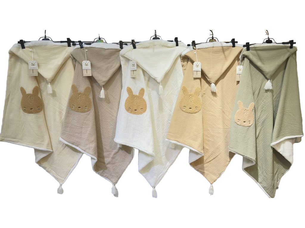 پتو دورپیچ موسلین کلاه دار نوازادی طرح خرگوش ماماسی Mama See