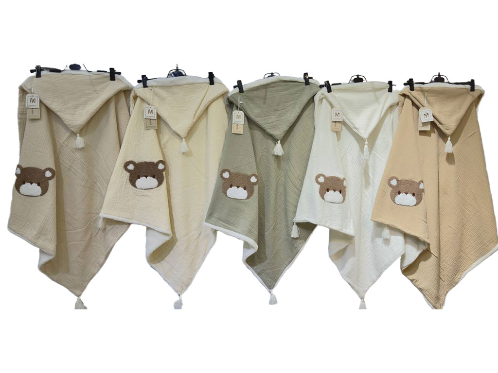 پتو دورپیچ موسلین کلاه دار نوازادی طرح خرس ماماسی Mama See