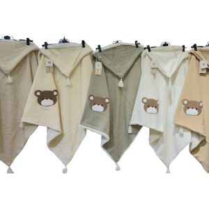 پتو دورپیچ موسلین کلاه دار نوازادی طرح خرس ماماسی Mama See