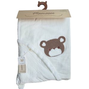 پتو دورپیچ موسلین کلاه دار نوازادی طرح خرس ماماسی Mama See